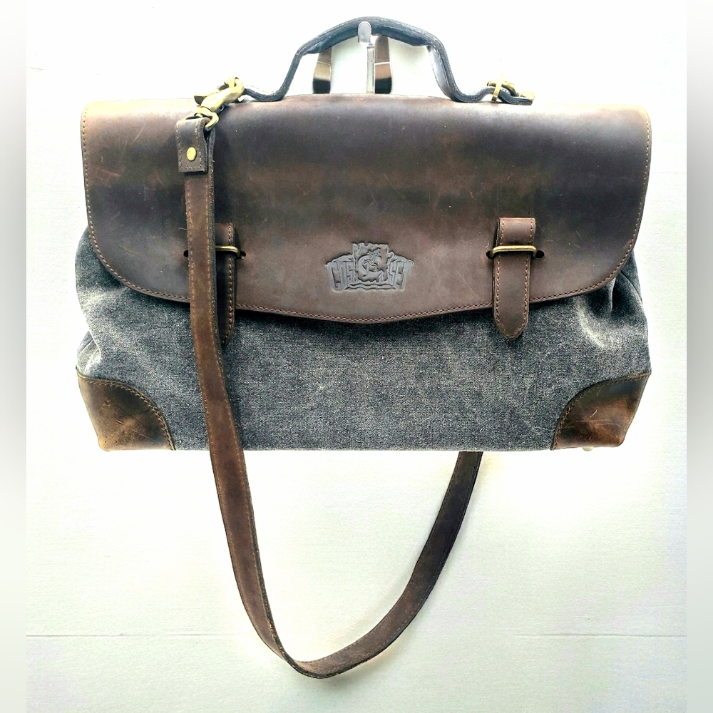 Cosset Calf Leather Canvas Messenger Bag Mens Womens Brown Grey Unisex Studded